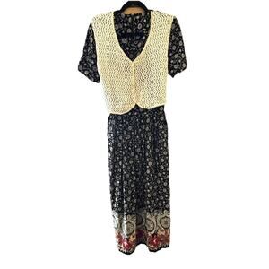 VTG Stuart Alan Maxi Dress Sz 18 Faux Crochet Vest 1990’s Cottagecore Bohemian